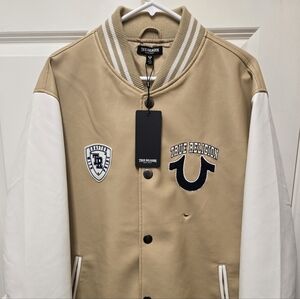 True Religion Varsity Jacket Men Large Two Tone Beige/White Please Read